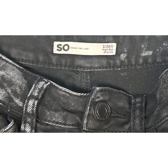 SO High Rise Shortie Distressed Denim Shorts in Black Acid Wash Size 3/26 - Picture 2 of 3